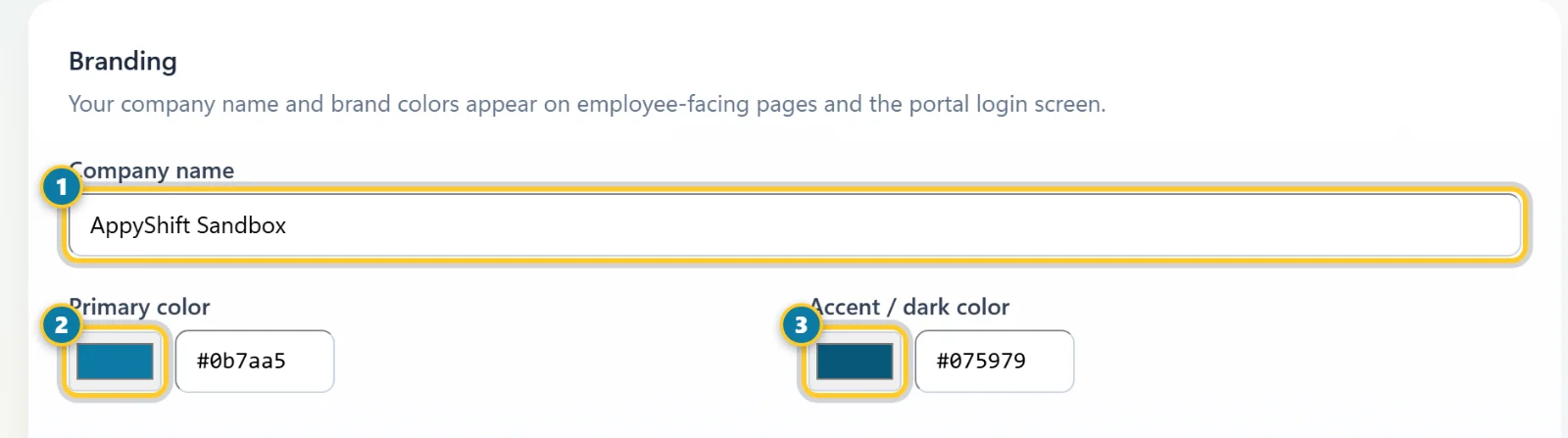 The Branding section with Company name (1), Primary color (2) and Accent / dark color (3) marked
