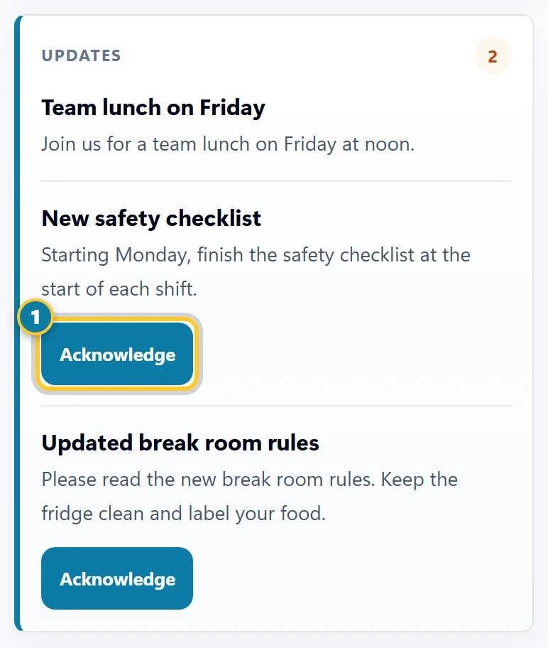 Updates on Home with two updates, and the first Acknowledge button (1) marked