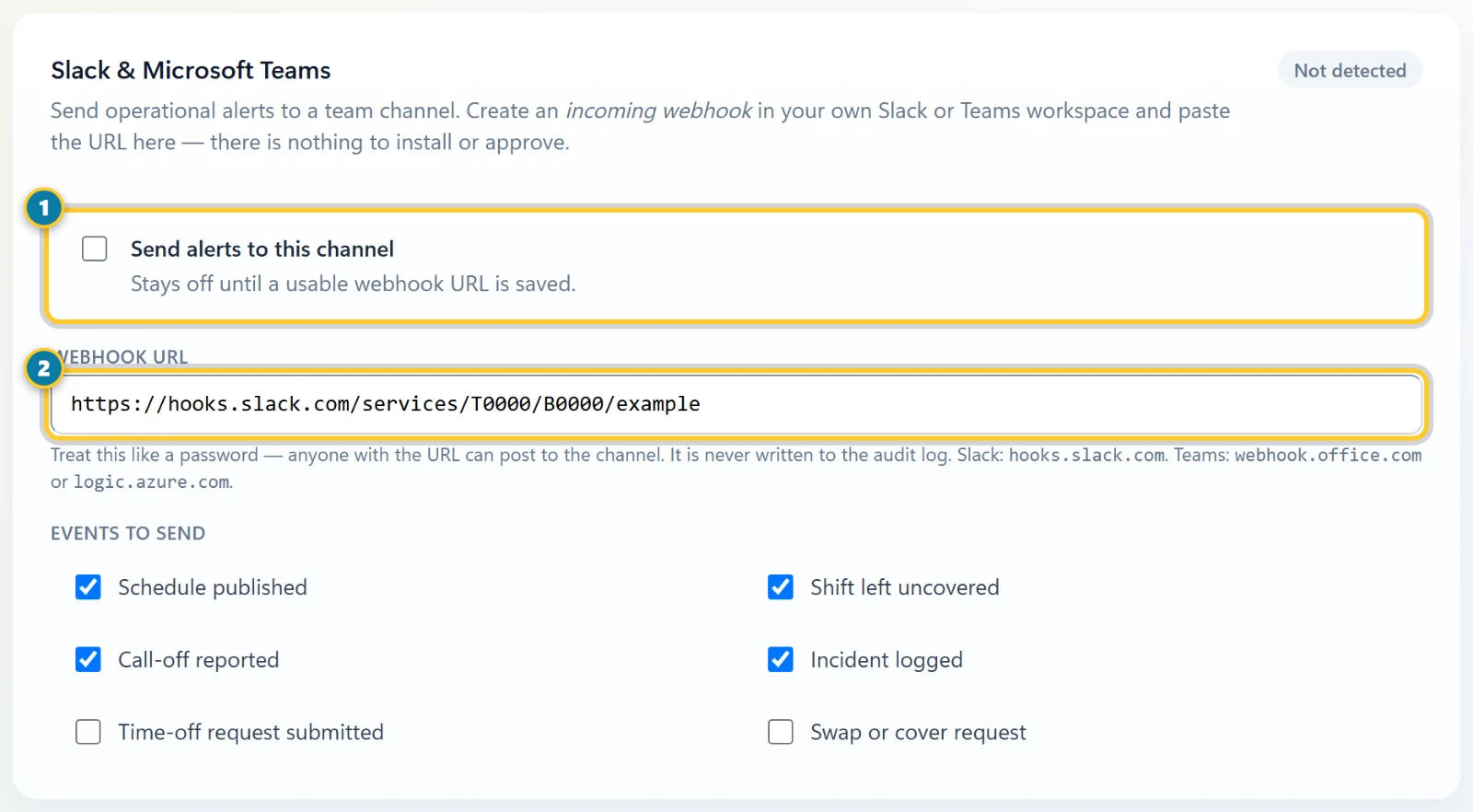 The Slack and Microsoft Teams card with Send alerts to this channel (1) and the Webhook URL (2) marked
