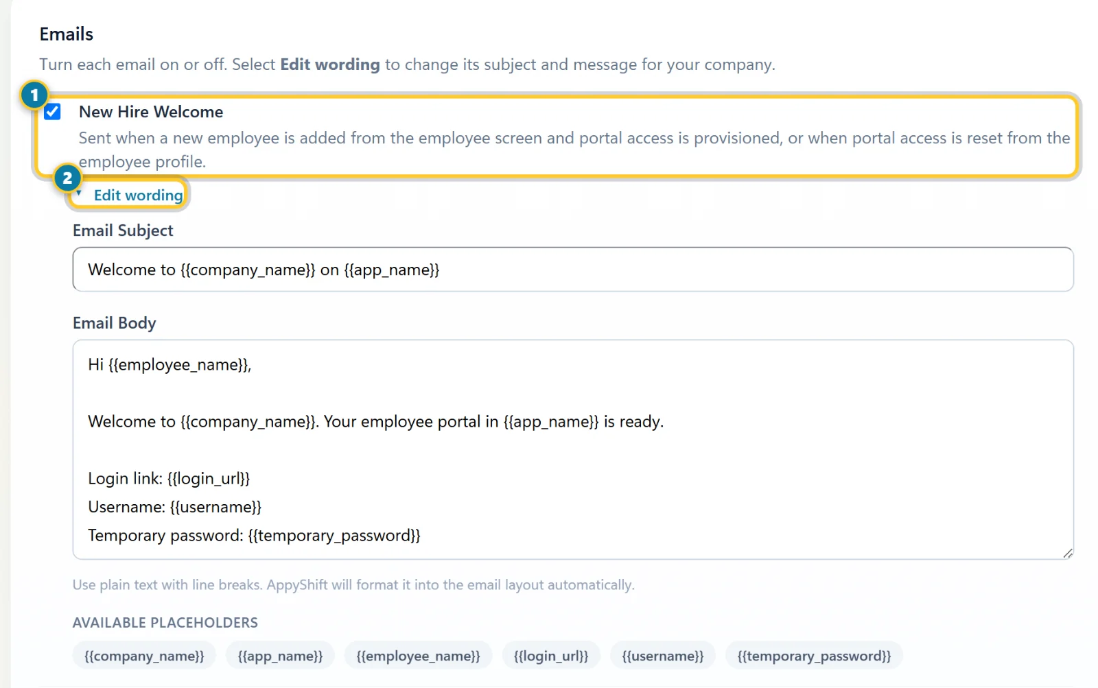 The Emails tab with an email's tick box (1) and its open Edit wording section (2) marked