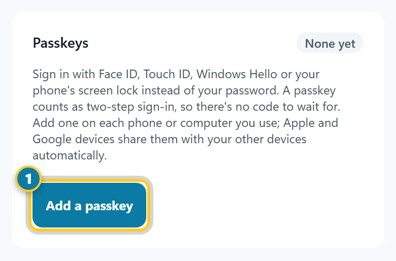 The Passkeys section on Me with the Add a passkey button marked