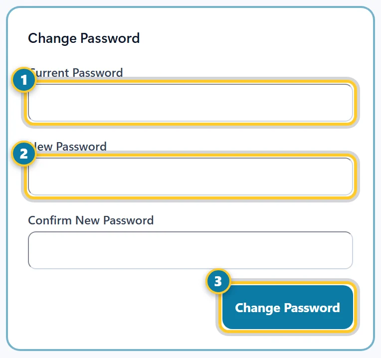 Change Password with the current password (1), the new password (2) and Change Password (3) marked