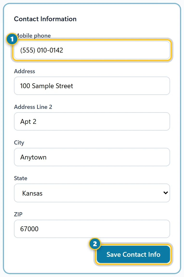 Contact Information with Mobile phone (1) and Save Contact Info (2) marked