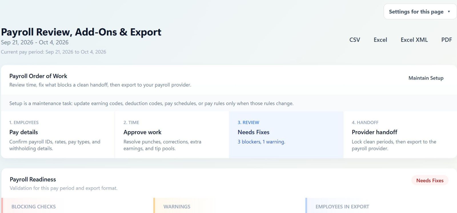 Payroll review in AppyShift: pay details, approved time, what needs a fix, and the handoff, in order