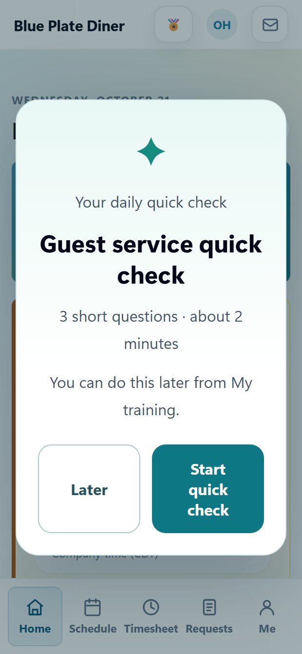 An employee signing in to the AppyShift app sees their daily guest service quick check: three short questions, about two minutes