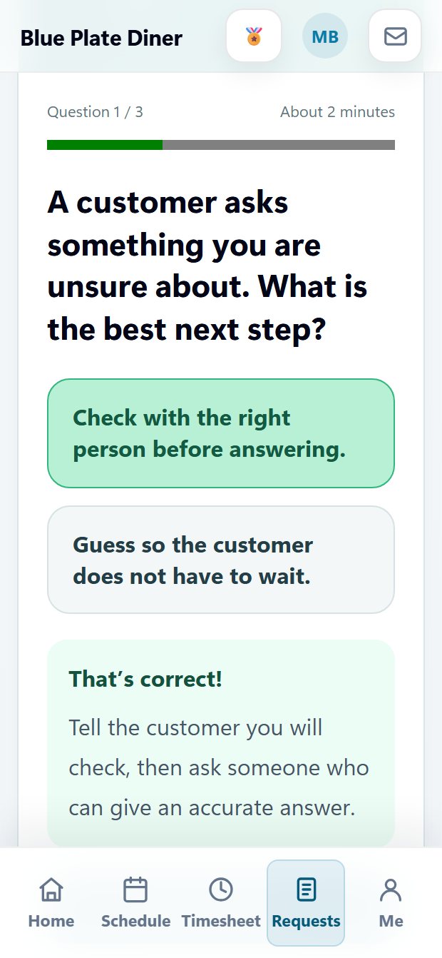 A quick check question in the AppyShift app, answered correctly, with instant feedback that explains why