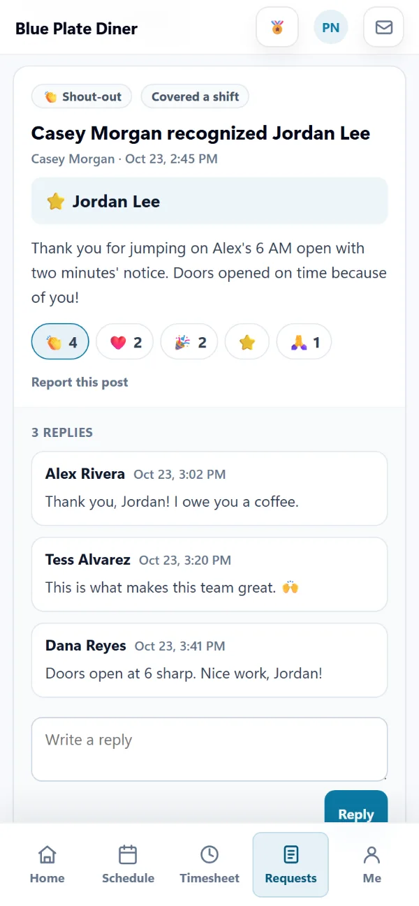 A shout-out on the Team feed in the AppyShift app: the manager recognized Jordan Lee for covering a shift, thanking Jordan for jumping on Alex's 6 AM open with two minutes' notice, with reactions and replies from the team, including Alex (sample data)