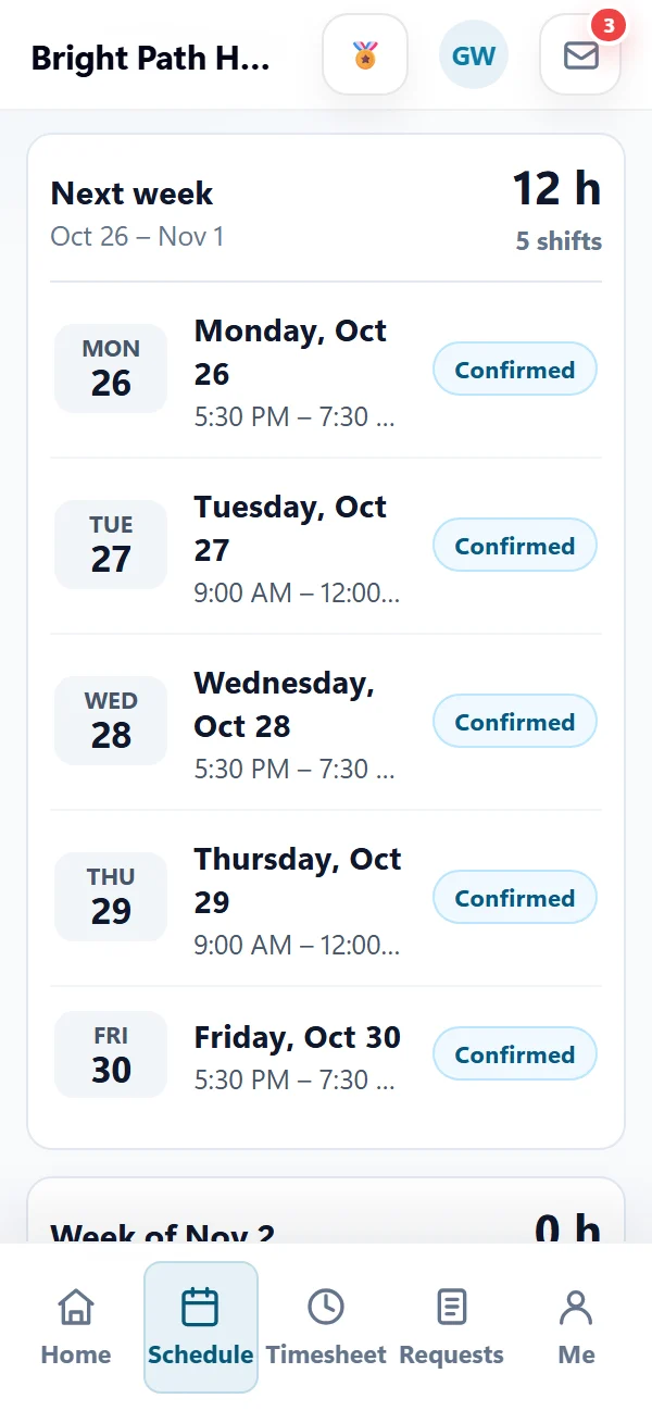 A caregiver's schedule in the employee app for a sample home care agency: five confirmed visits next week, Oct 26 to Nov 1, with the day and start time of each.