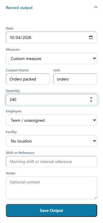 Output entry for a sample warehouse: 240 orders packed.