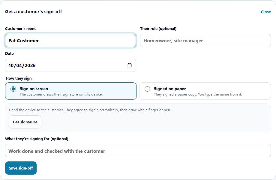 Customer sign-off form for a sample cleaning job, with a place for the customer to sign.