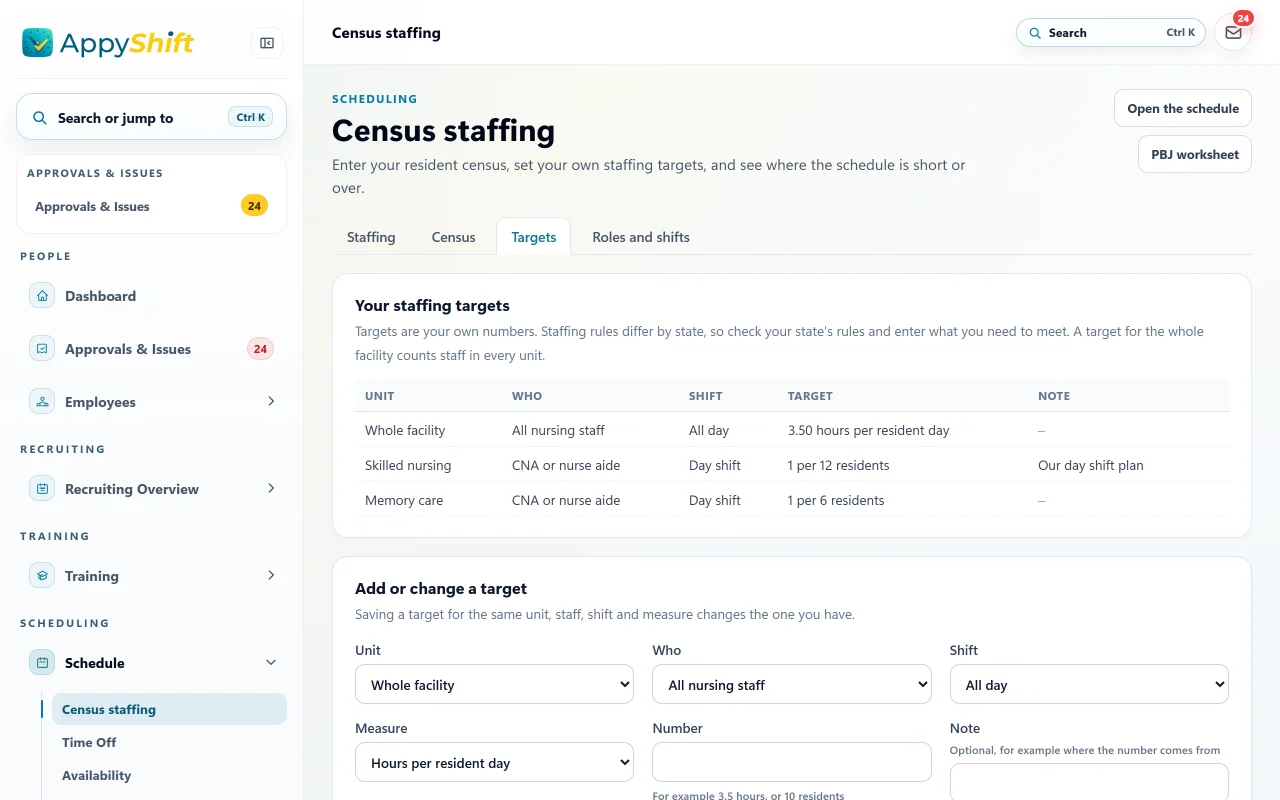 Staffing targets for a sample long-term care facility: 3.50 hours per resident day for all nursing staff, and day-shift CNA targets of 1 per 12 residents in skilled nursing and 1 per 6 in memory care, above the form to add or change a target.