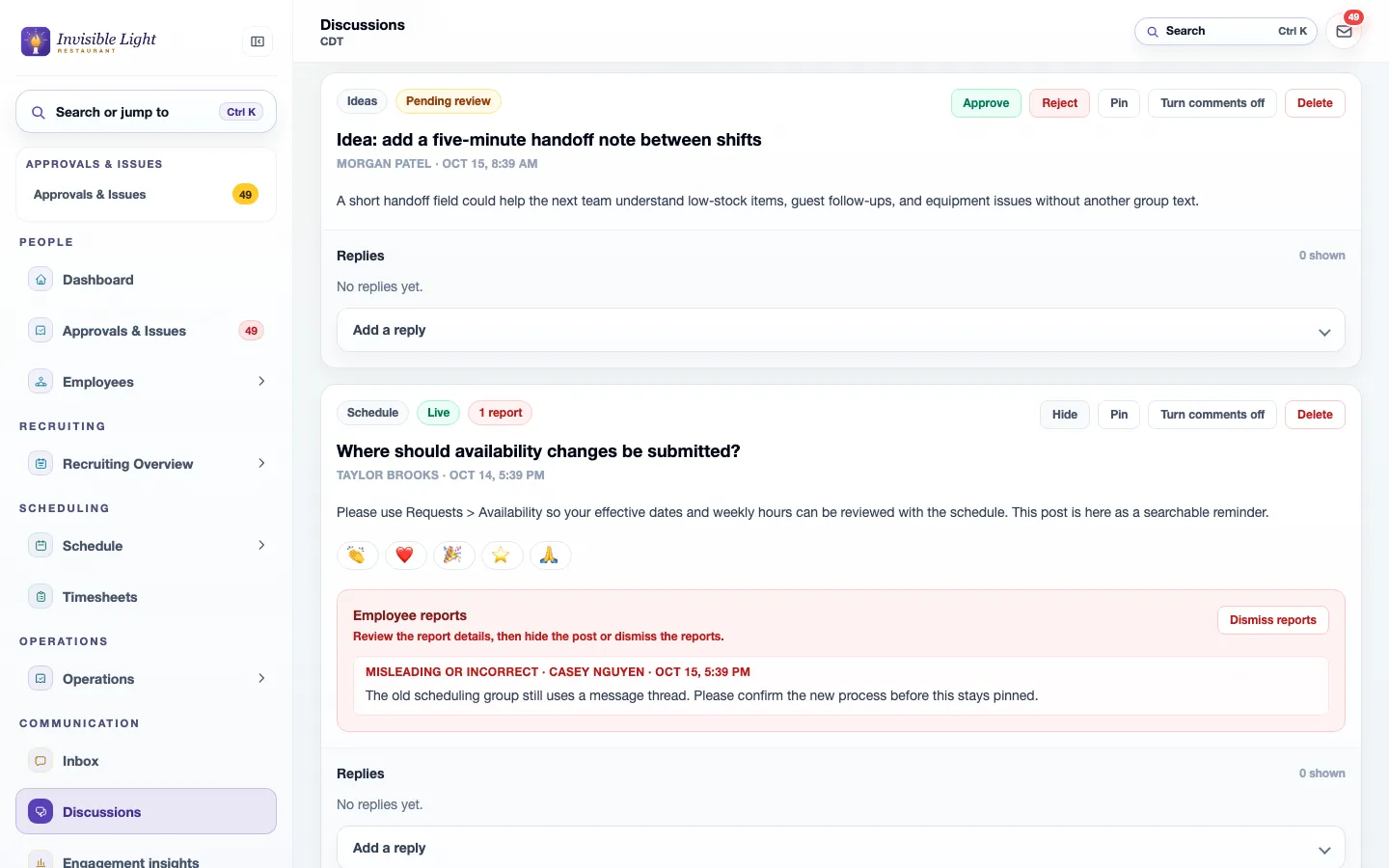 An idea post waiting for review with Approve and Reject, and a post with one employee report and a Dismiss reports button