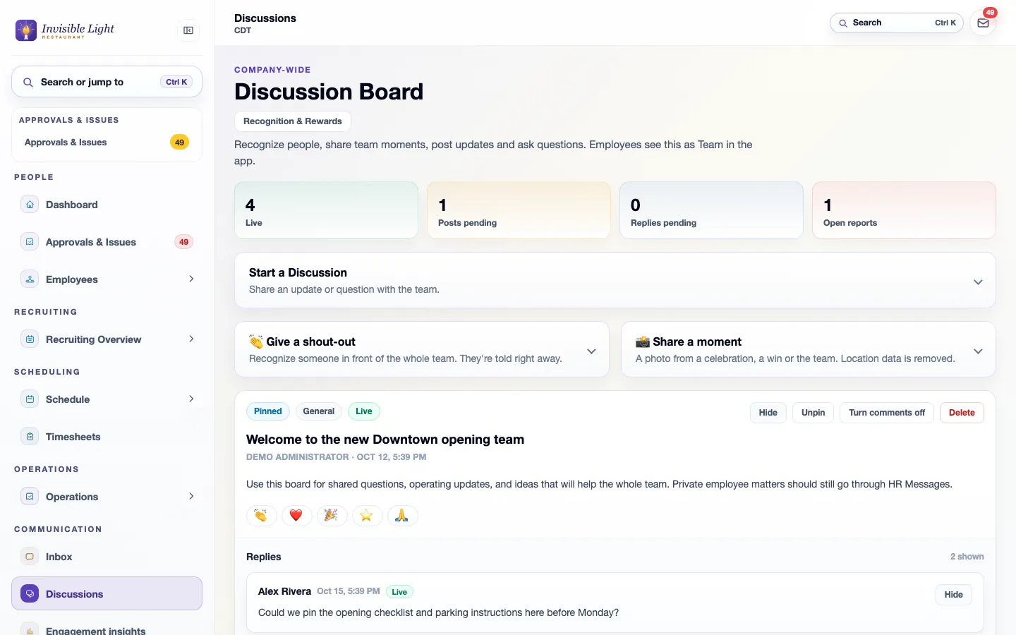 The AppyShift discussion board with live posts, posts waiting for approval, open reports, Start a Discussion, Give a shout-out and Share a moment, and a pinned welcome post with replies