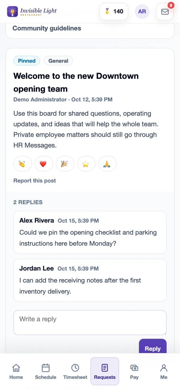 A pinned post on the Team board in the AppyShift app with reactions, two replies from coworkers and a reply box