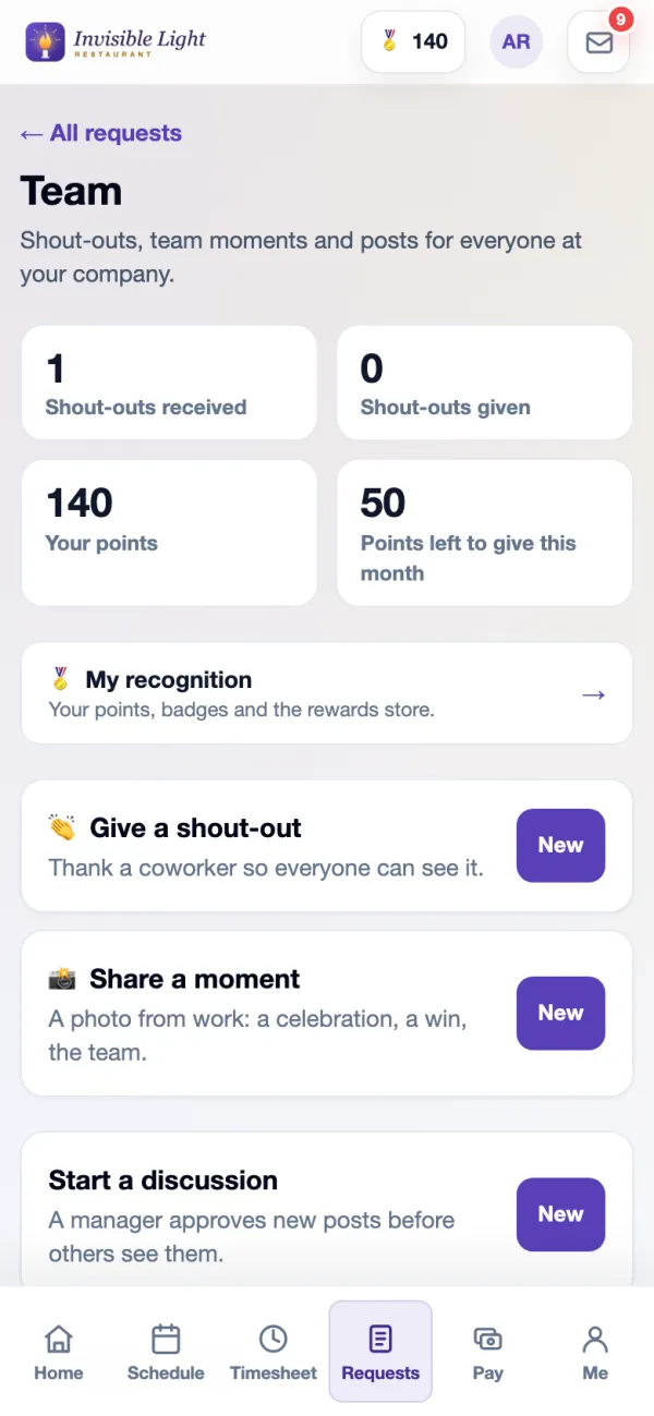 Team in the AppyShift app with shout-outs received and given, points, My recognition, Give a shout-out, Share a moment and Start a discussion