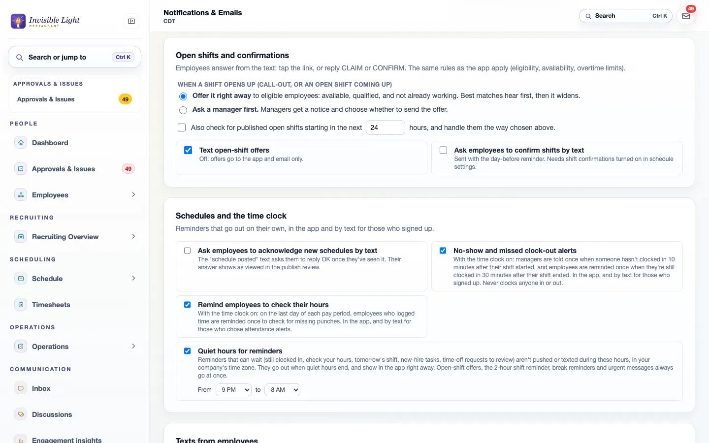 Text settings for open shifts and confirmations, including offering a shift right away or asking a manager first, texting open-shift offers, confirming shifts by text, no-show alerts, reminders to check hours and quiet hours from 9 PM to 8 AM