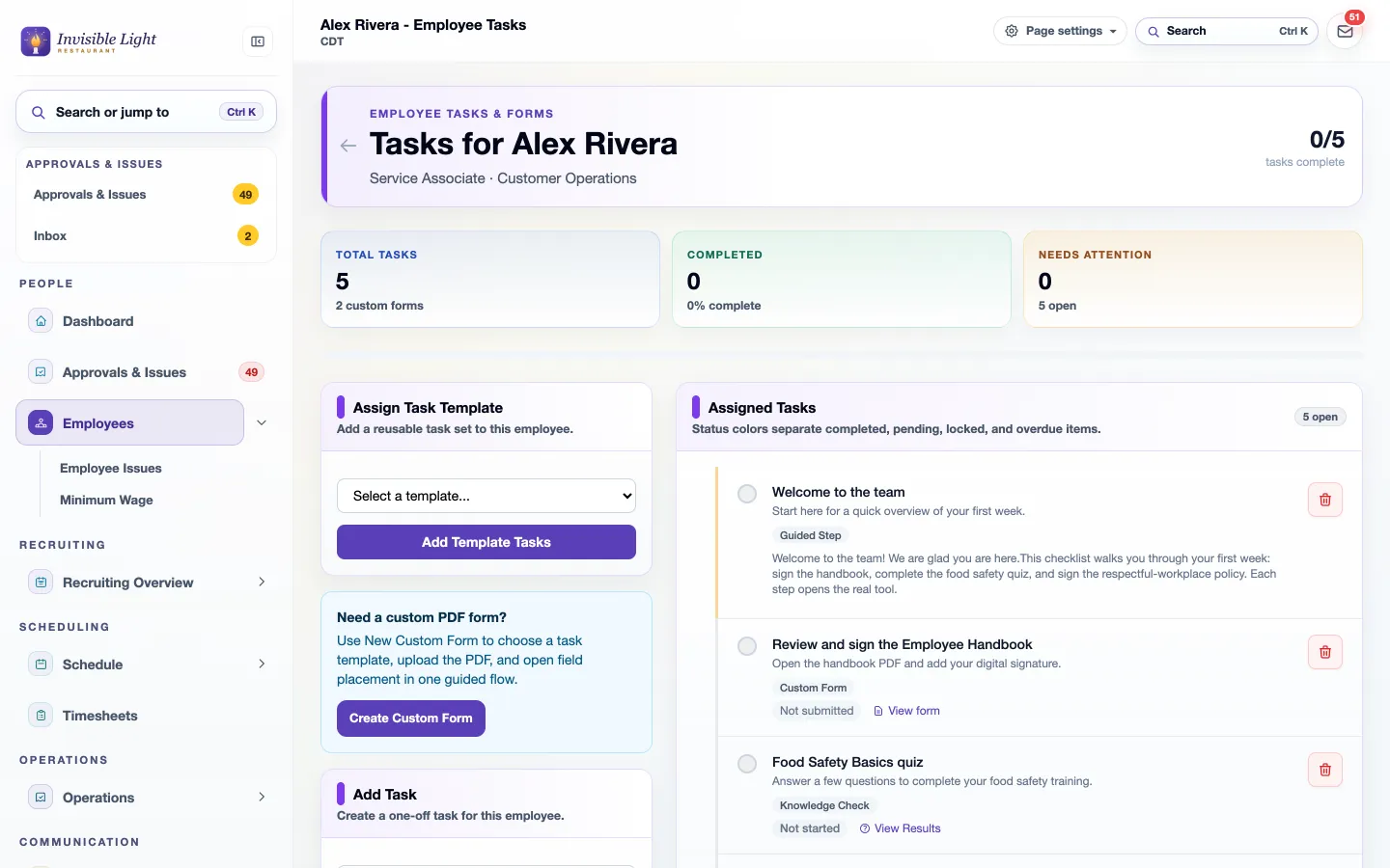 Tasks for an employee with totals, assigned tasks and their status, and buttons to assign a template, create a custom form or add a task