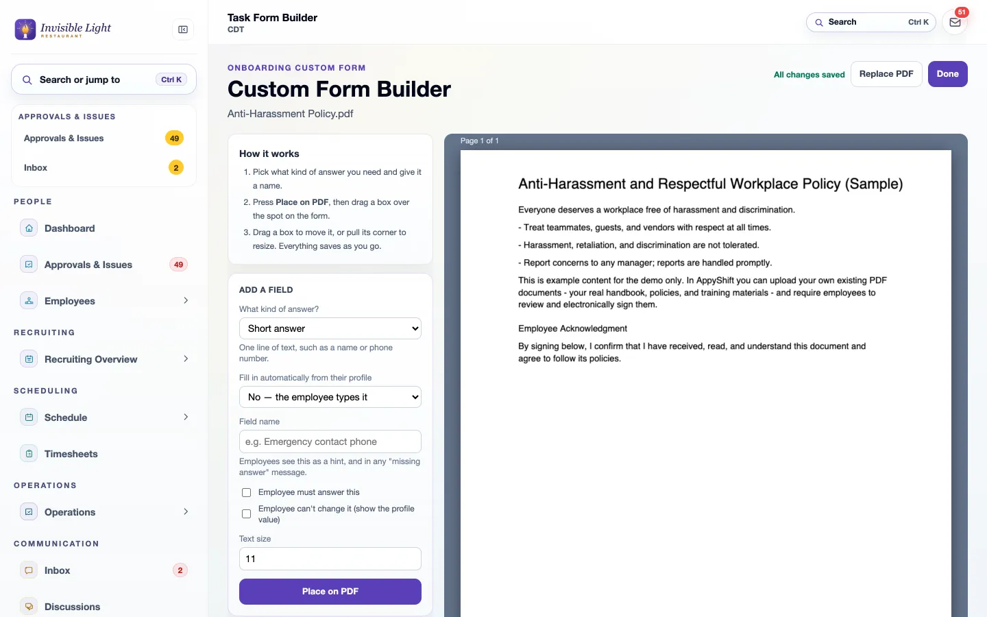 The AppyShift custom form builder with a policy PDF and a panel for adding answer fields and signature boxes