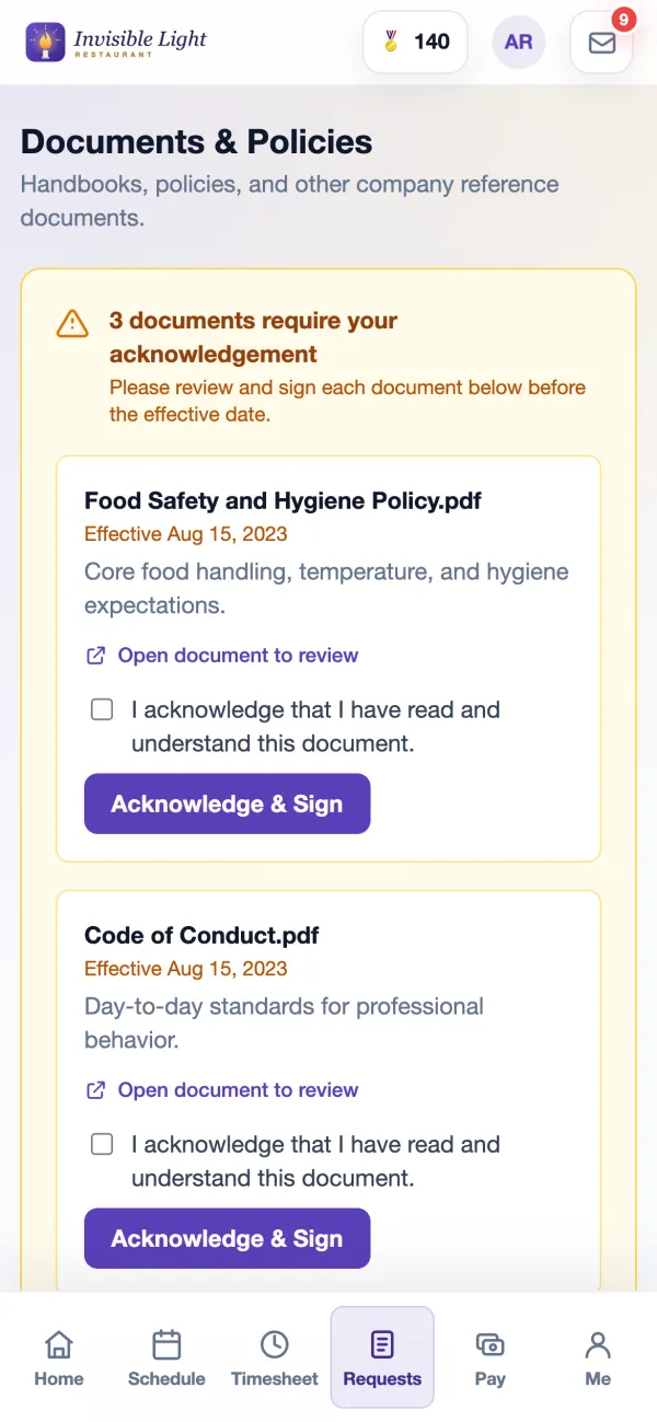 Documents & Policies in the AppyShift app: three documents need acknowledgement, each with Open document to review and Acknowledge & Sign