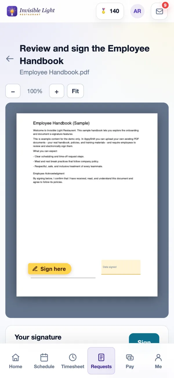 The Employee Handbook form open in the AppyShift app with zoom controls and a Sign here box