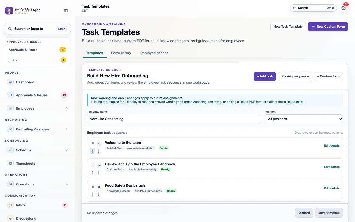 The task template builder for New Hire Onboarding with a welcome step, the Employee Handbook form and the Food Safety Basics quiz in order