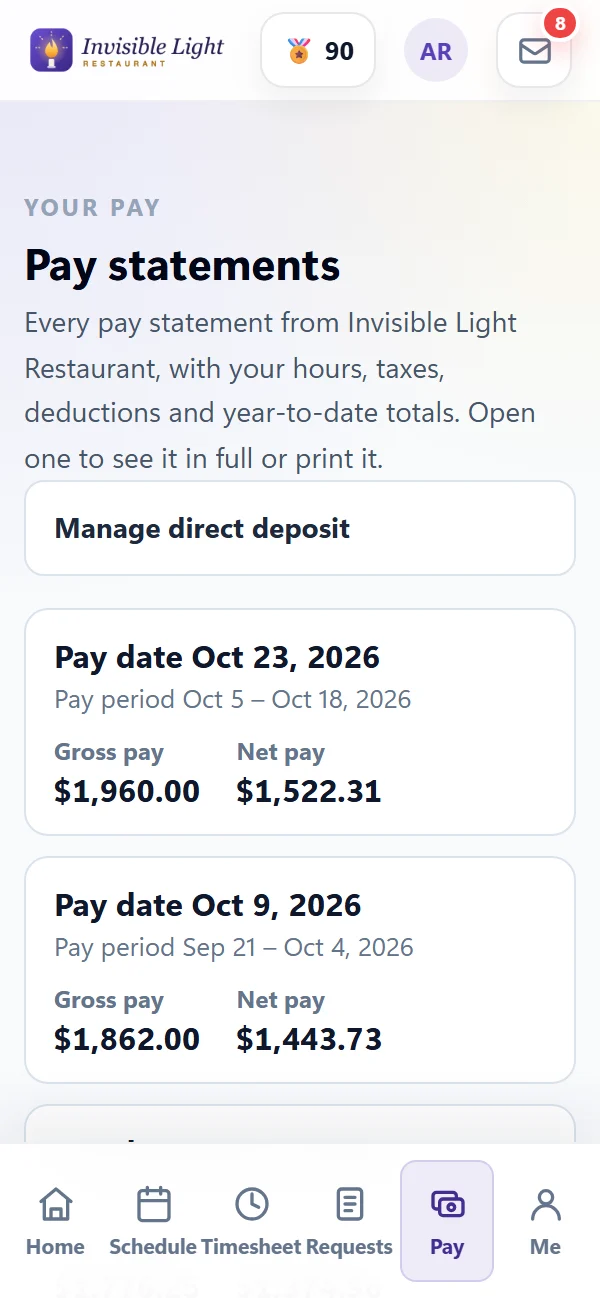 Pay in the AppyShift app: a link to manage direct deposit and the latest pay statements, each with its pay date, pay period, gross and net pay