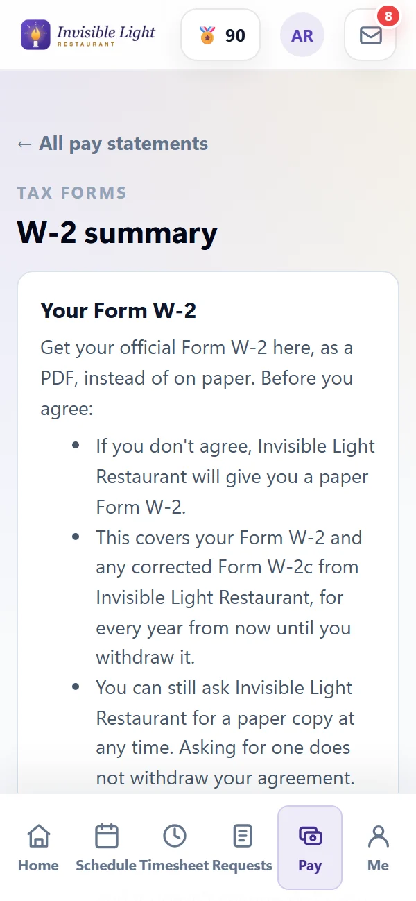 The W-2 page in the AppyShift app explaining what an employee agrees to before getting their Form W-2 online instead of on paper