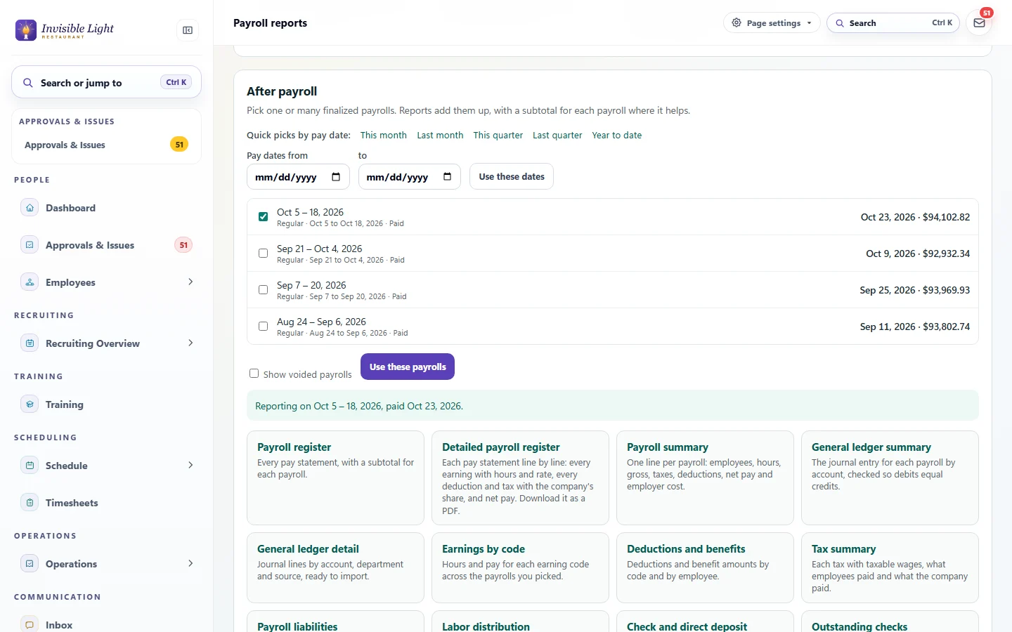 Payroll reports in AppyShift: the paid October payroll picked from the list of payrolls, and the reports after payroll, such as the payroll register, payroll summary, general ledger and tax summary