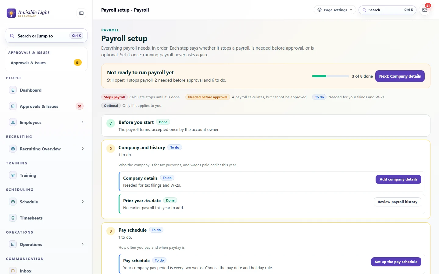 Payroll setup in AppyShift: 3 of 8 steps done, a key for stops payroll, needed before approval, to do and optional, and the before you start, company and history, and pay schedule steps with their status
