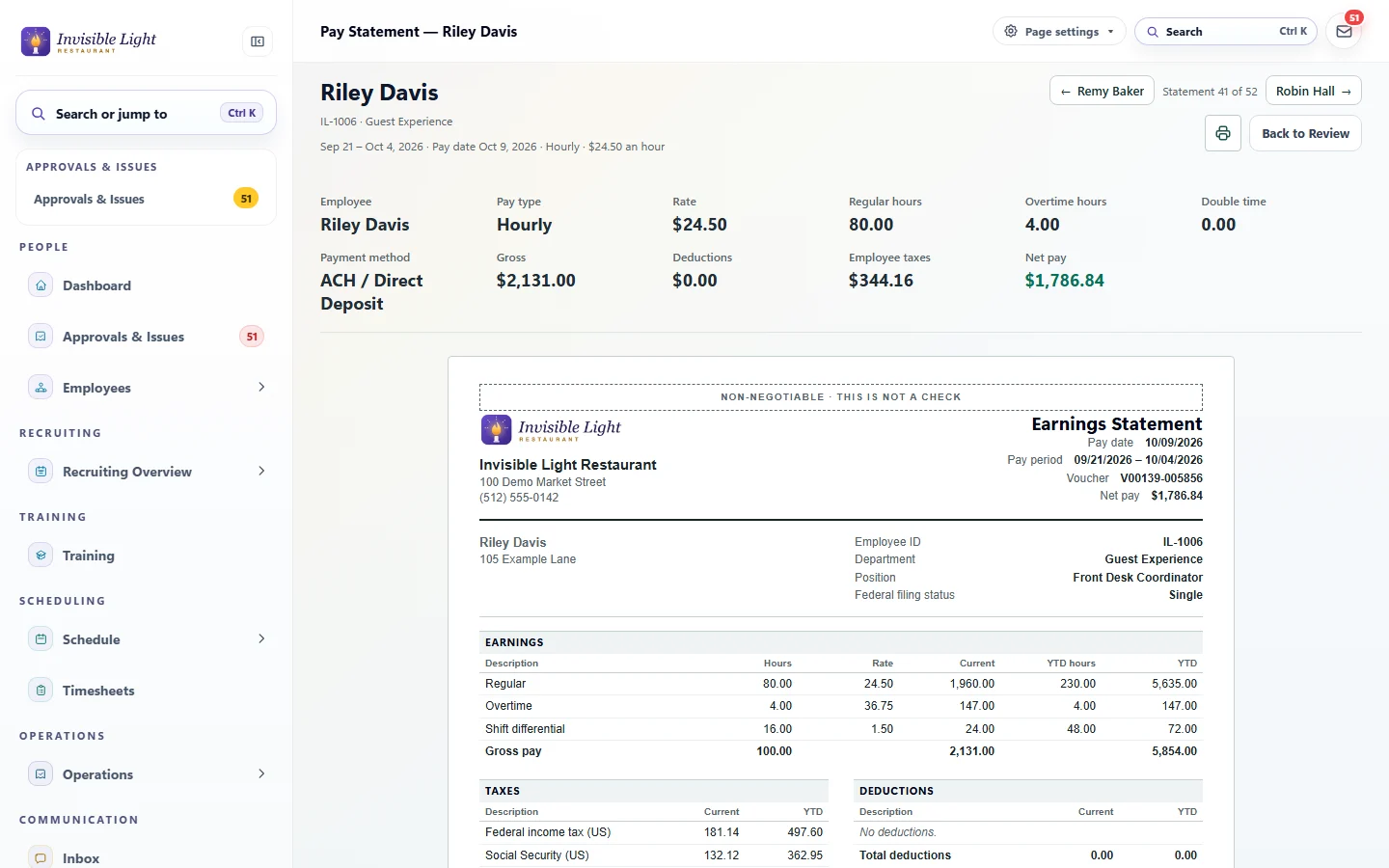 One employee's pay statement in review: hourly at $24.50, regular and overtime hours, gross, employee taxes and net pay, above the earnings statement with each earning line and year-to-date amounts