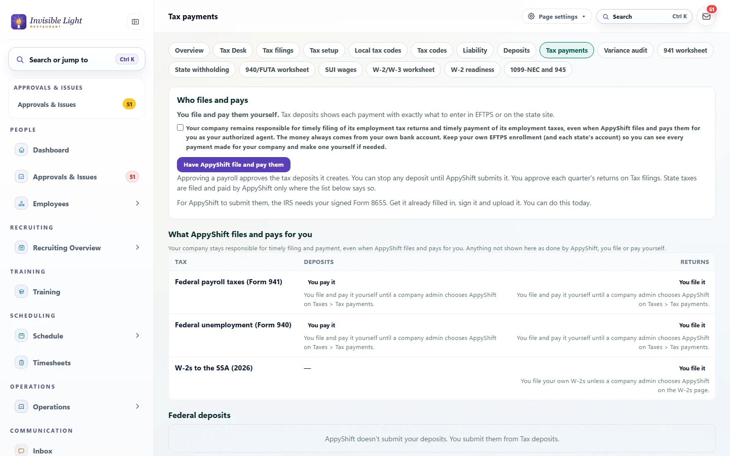 Tax payments in AppyShift: who files and pays the payroll taxes, with the button to have AppyShift file and pay them, and the federal Form 941 and 940 deposits and returns and the W-2s to the SSA, with who handles each