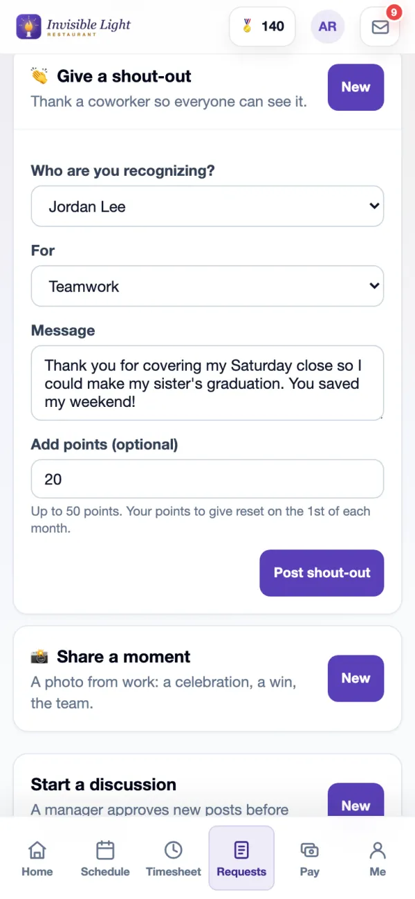 Give a shout-out in the AppyShift app: Jordan Lee, for Teamwork, a thank-you for covering a Saturday close, 20 points and a Post shout-out button