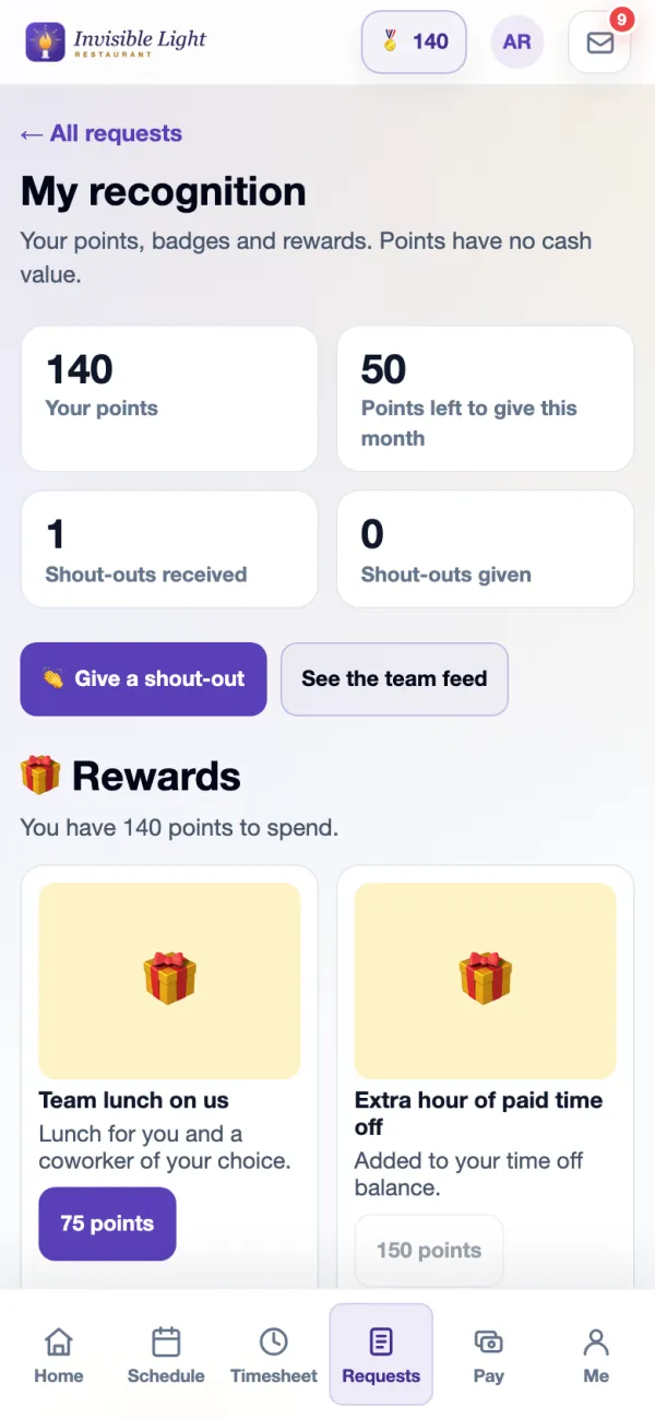 My recognition in the AppyShift app with 140 points, points left to give, shout-outs received and given, and a rewards store