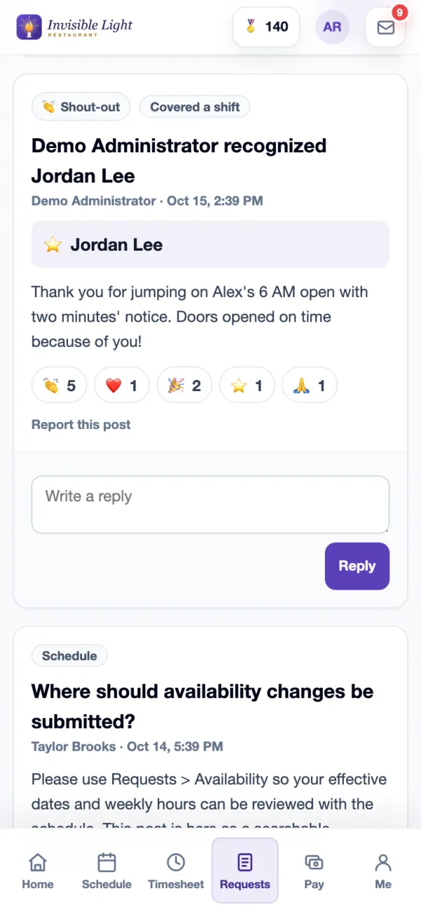 A shout-out for Jordan Lee on the Team board in the AppyShift app, marked Covered a shift, with reactions and a reply box