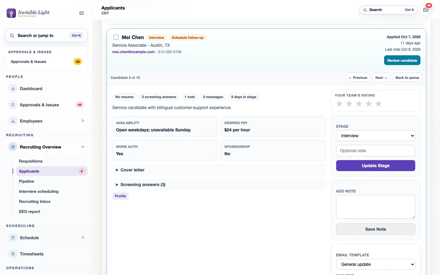 A candidate opened for review: Service Associate in the Interview stage with availability, desired pay of $24 an hour, work authorization, screening answers, a star rating, a stage menu with Update Stage, notes and an email template