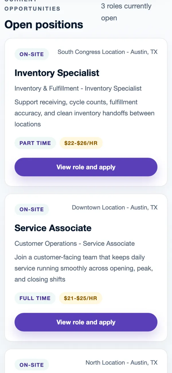Open positions on a careers page: Inventory Specialist, part time, $22 to $26 an hour, and Service Associate, full time, $21 to $25 an hour, each with View role and apply