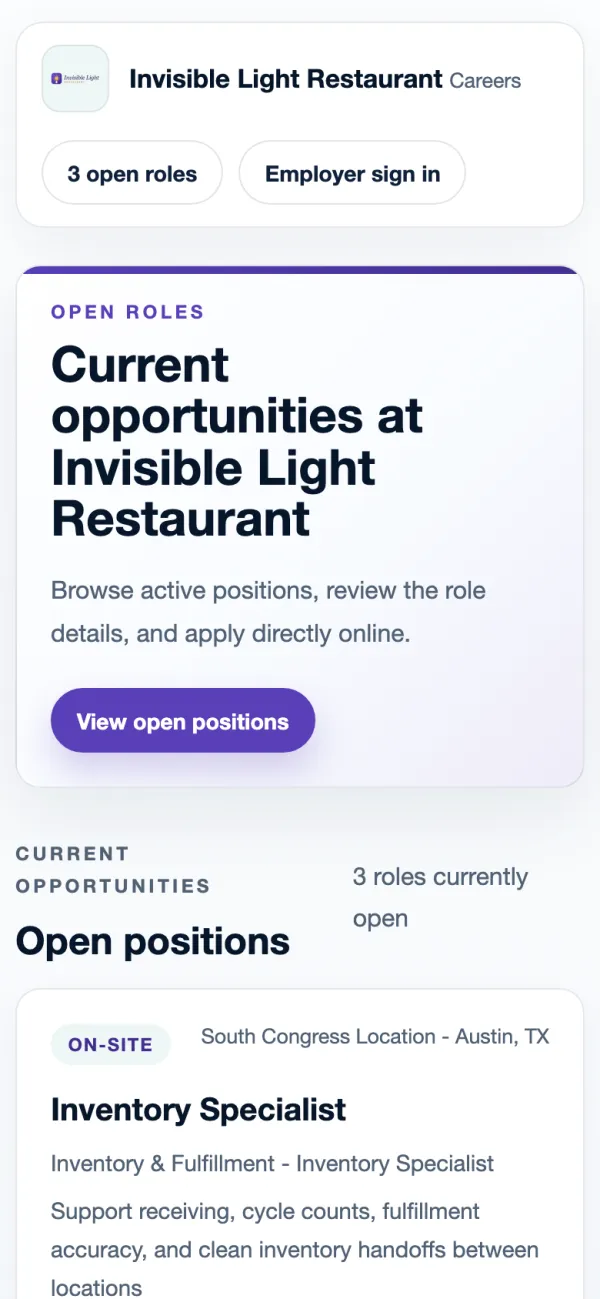 A restaurant's careers page on a phone, with its open roles and a View open positions button