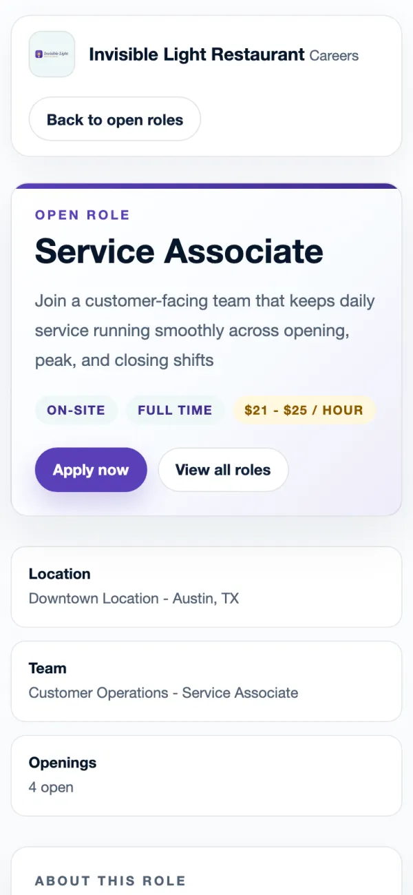 A Service Associate job post on a phone with on-site, full time and $21 to $25 an hour, Apply now, the location and 4 openings