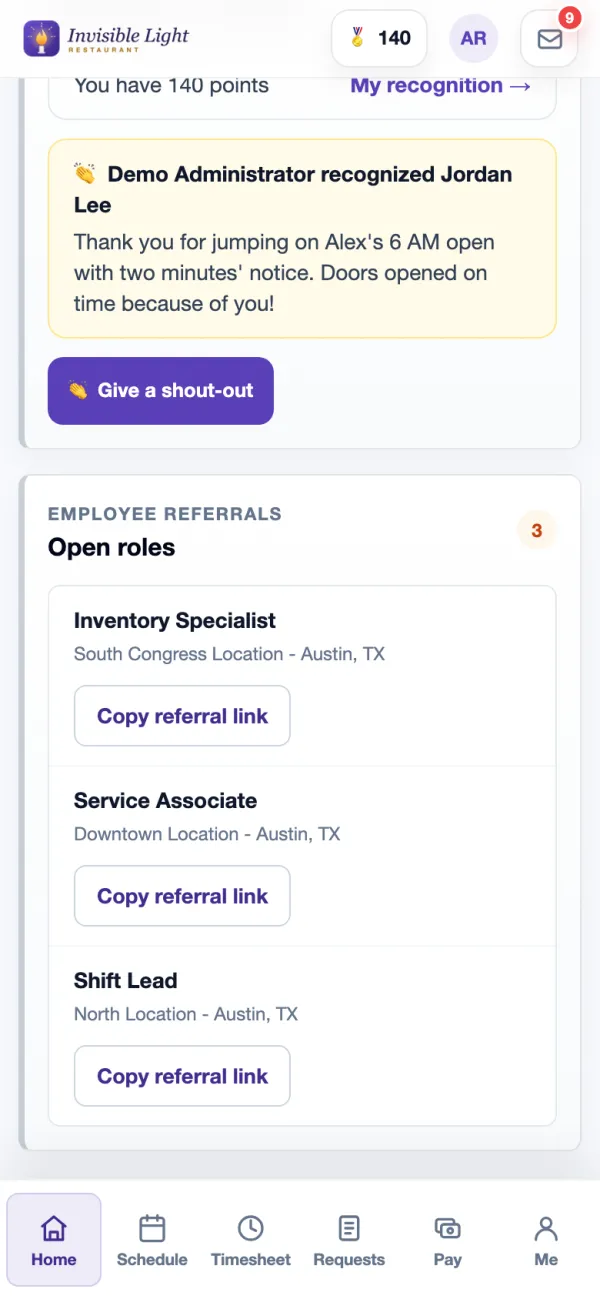 Employee referrals on Home in the AppyShift app: three open roles, each with a Copy referral link button