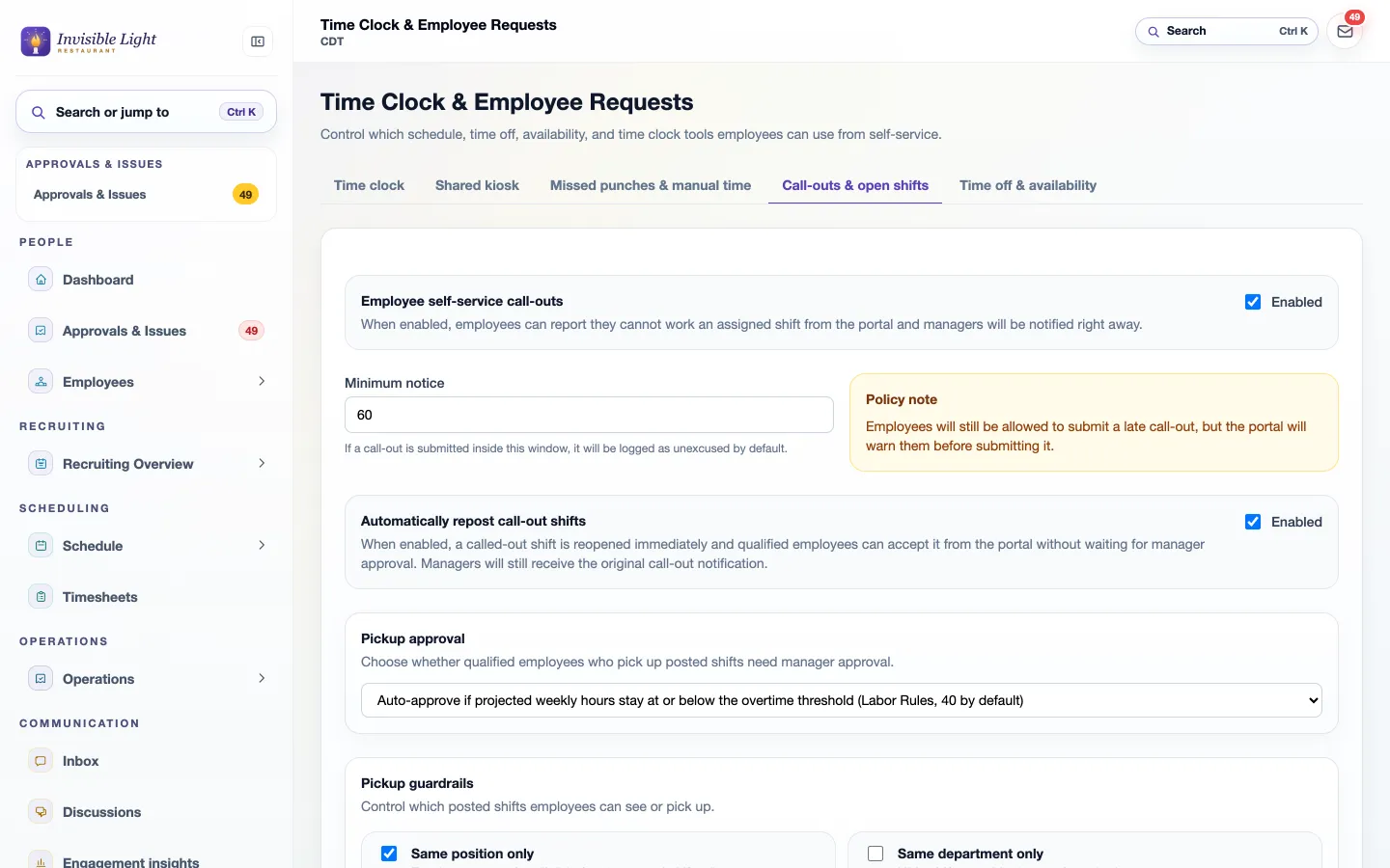 Call-out settings: employee self-service call-outs, a 60-minute minimum notice, automatic repost of call-out shifts, pickup approval and pickup guardrails