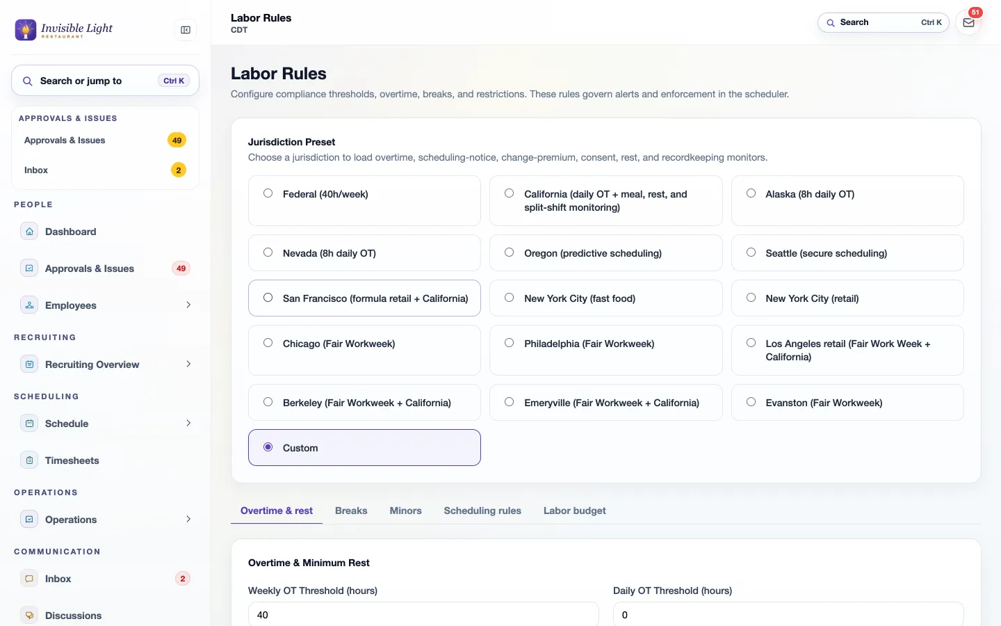 Labor Rules with jurisdiction presets for Federal, California, Oregon, Seattle, New York City, Chicago and more, and tabs for overtime, breaks, minors and scheduling rules