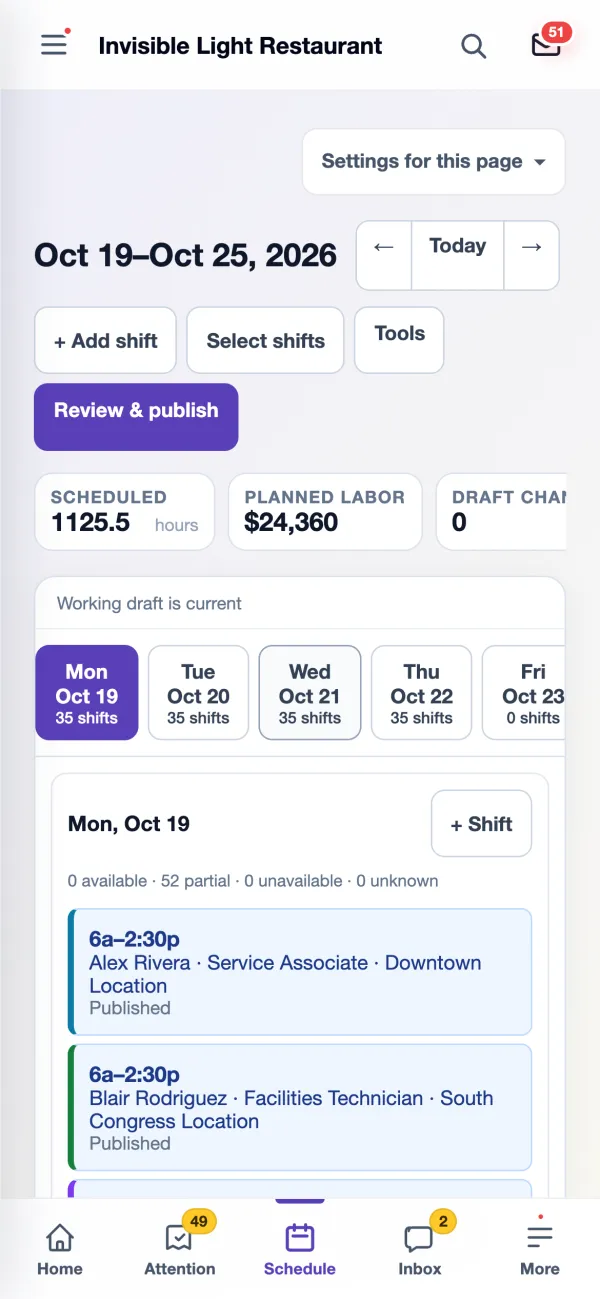 The team schedule on a manager's phone with a day picker, + Shift, and Review & publish