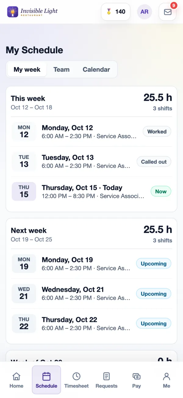 My Schedule in the AppyShift app: this week's hours and each shift with its status