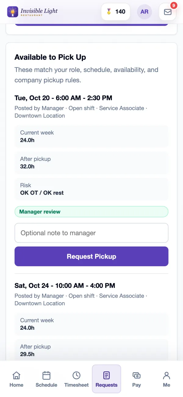 Available to Pick Up in the AppyShift app: an open Service Associate shift with current week 24 hours, 32 hours after pickup, OK overtime and rest, and a Request Pickup button