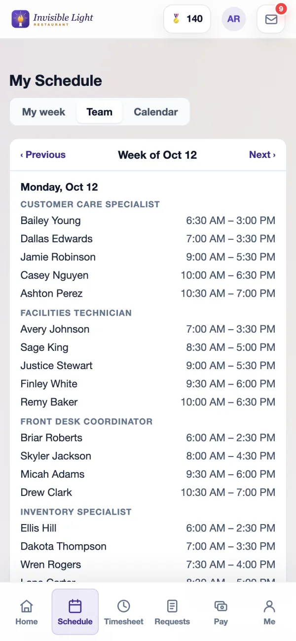 The Team view in the AppyShift app listing who works each day by job, with times