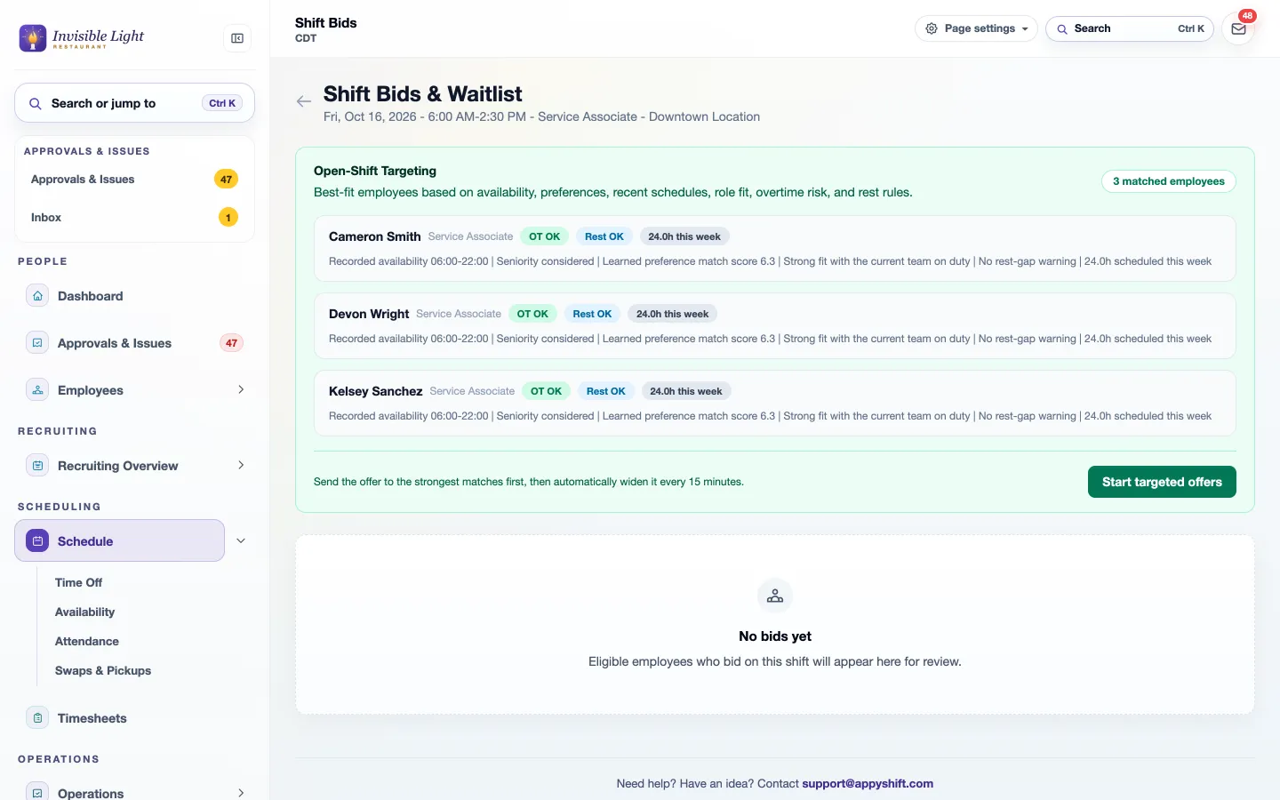 Open-Shift Targeting with three matched employees, each marked OT OK and Rest OK with hours this week, and a Start targeted offers button