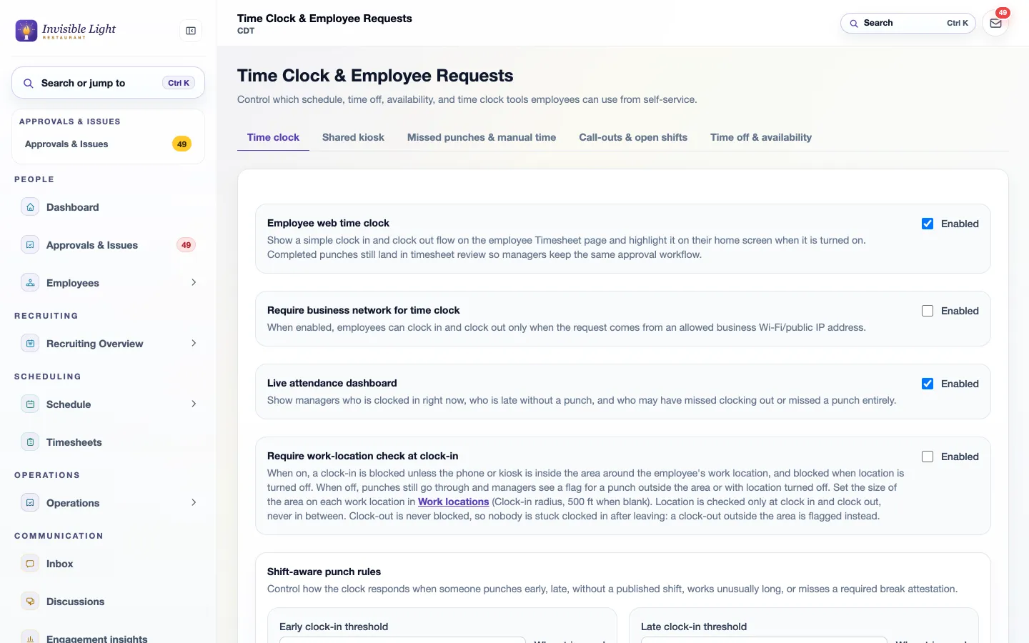 Time clock settings: employee web time clock, business network requirement, live attendance dashboard, work-location check at clock-in and shift-aware punch rules