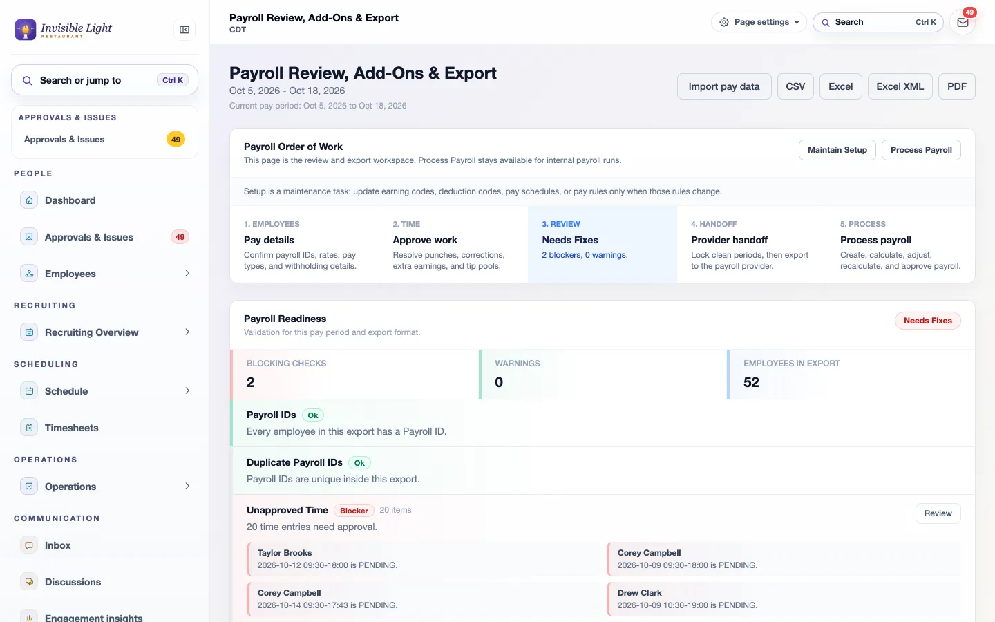 Payroll Review, Add-Ons & Export for a pay period with the order of work and payroll readiness