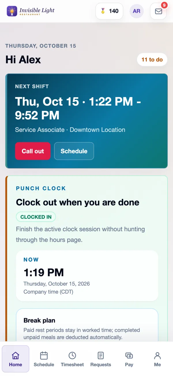 The AppyShift app Home screen with the next shift and the punch clock