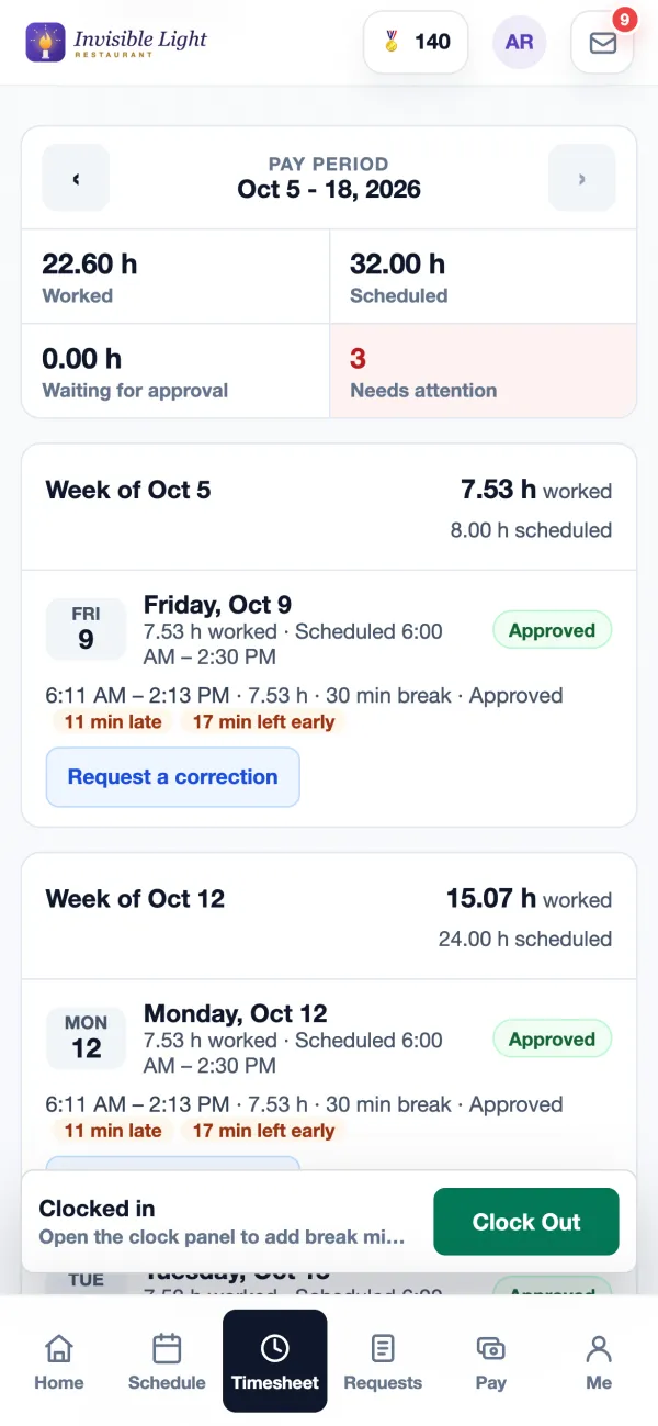 My Timesheet in the AppyShift app: 22.6 hours worked of 32 scheduled this pay period, with each day's punches, breaks and Approved status